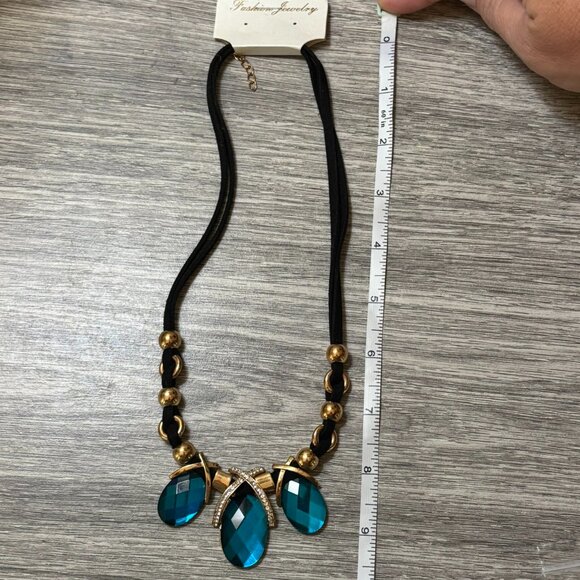 Bold Teal Blue Faceted Drop Statement Necklace Gold & Black Cord Crystal Accents - Picture 3 of 3